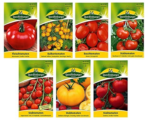 7 Sorten - Tomatensamen Sortiment - Set mit Fleischtomate Marmande Balkontomate Balconi Yellow Buschtomate Roma Stabtomate Harzfeuer Stabtomate Goldene Königin Stabtomate Tamina