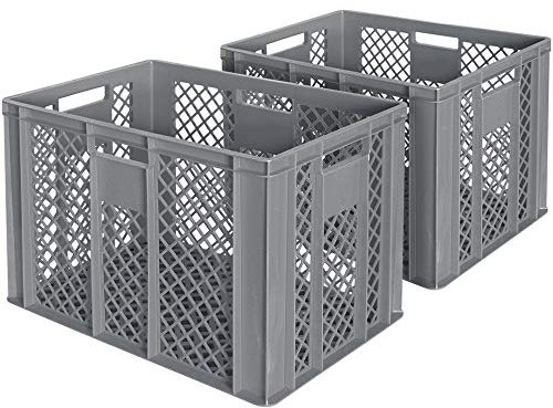 BRB 2x Eurobehälter/Bäckerkiste, LxBxH 600x400x410 mm, lebensmittelecht, Boden und Wände durchbrochen, grau