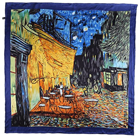 YangtzeStore Großer quadratischer Charmeuse-Seidenschal, klassischer Kunstdruck, Cafe Terrasse bei Nacht, 63 x 17