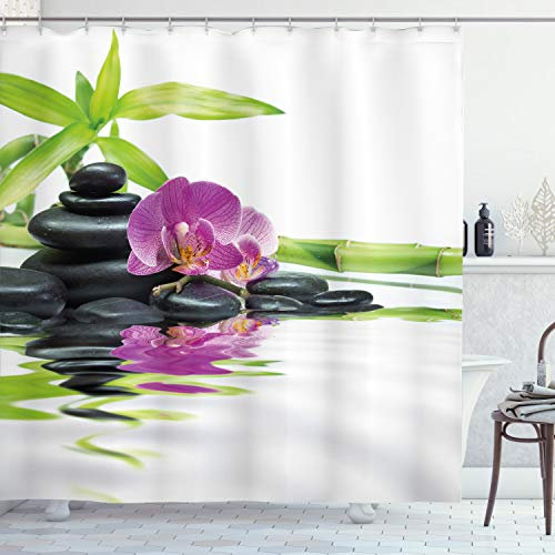 ABAKUHAUS Zen Motiv Duschvorhang, Purple Orchid Bambusse, Stoffliches Gewebe Badezimmerdekorationsset mit Haken, 175 x 240 cm, Schwarz Lila