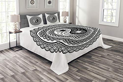 ABAKUHAUS Schwarz und weiß Tagesdecke Set, Asiatisches Yin Yang, Set mit Kissenbezügen Sommerdecke, für Doppelbetten 220 x 220 cm, Weiß und Schwarz