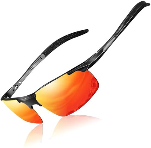 DADA-PRO Sonnenbrille Herren Polarisiert Fahrradbrille Sportbrille Verspiegelt Fahrerbrille mit Metallrahmen Ultraleichte UV400 Schutz 8177 (Rot Neu)