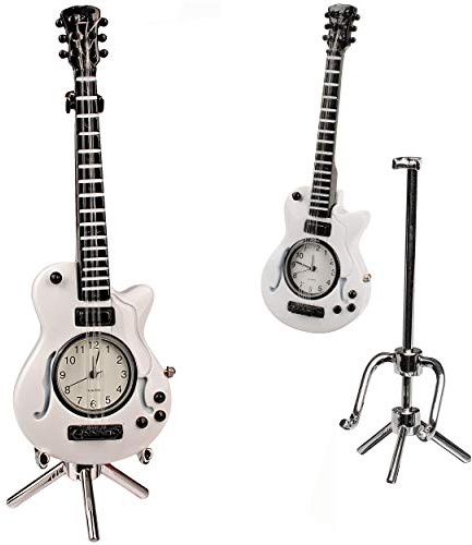 alles-meine.de GmbH kleine - Tischuhr/Miniatur - Uhr - Gitarre - E-Gitarre - mit Ständer - aus Metall - 14,3 cm - batteriebetrieben - Analog - Batterie - weiß schwarz - Zahlen ..