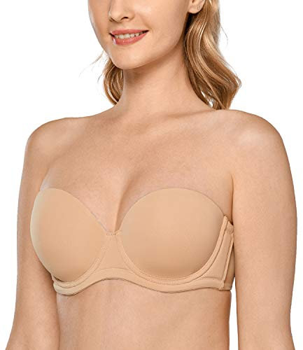 DELIMIRA Women's Strapless Bra Push Up for Bigger Bust Multiway Underwire Smooth Bandeau Bra Taupe Tan 38E
