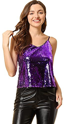 Allegra K Canotta da donna per costume di Halloween con paillettes, canottiera brillante per feste in discoteca, Viola e argento., 40