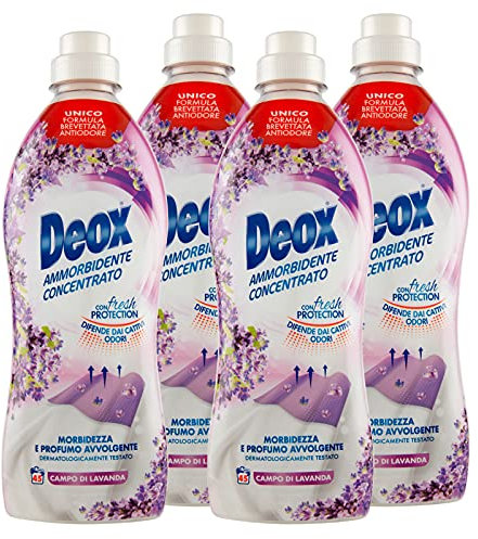 Deox - Ammorbidente Lavatrice Concentrato, Capi Morbidi e Profumati, con Tecnologia Fresh Protection, Fragranza Campo di Lavanda, 45 Lavaggi x 4 Confezioni