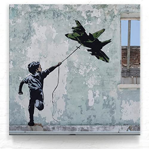 Banksy Druck, Graffiti-Art Bild, Air Jet als Leinwand-Bild, 40x40cm cm groß, Street Art Banksy-Style als Kunstdruck zur Wand-Deko. Banksy Wandbilder für Wohnzimmer, Büro