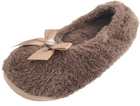 Atania Ladies Fleece Ballerina Slippers with Bow Beige 5/6 UK