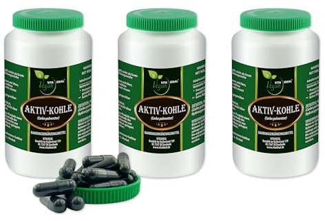 VITA IDEAL Vegan® AKTIV - KOHLE 3x 360 KAPSELN - Carbon, Carbo medicinalis - Aktivkohle - Holzkohle - Tagesportion 640mg Pflanzenkohle reines Pulver. Natürlich, pflanzlich,und ohne Zusatzstoffe.