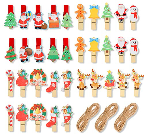 Lot de 35 mini pinces à linge de Noël en bois pour décoration de Noël, murs photo, cartes postales, sacs en papier