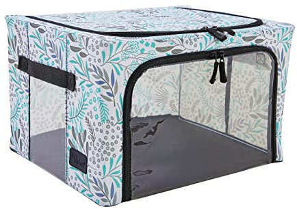 Periea ‘Beau’ Folding Collapsible Stackable Fabric Home Storage Boxes with Steel Frames (Green Botanical, Small)