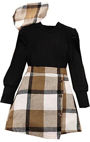 Kleinkind Kinder Kind Mädchen Langarm gerippt Feste Oberteile Bluse Karierter Rock mit Hut Outfit Set 3PCS Chinesische Neujahrskleidung für Mädchen (Black, 10-12 Years)