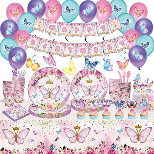 195 Stück Partygeschirr Set, Schmetterling Partygeschirr mit Luftballons Pappteller Partybecher Servietten Papier Schmetterling Strohhalme für Geburtstagsdeko Mädchen Partys Valentinstag 18 Gäste