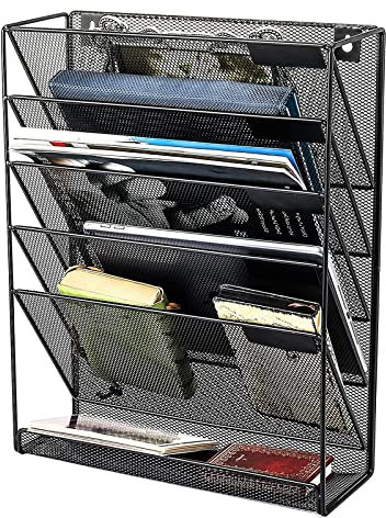 Youyijia Wall File Holder Organiser Wall Mounted Magazine File Rack - 6 Tier Mesh A4 Mesh in Tray Hanging Storage Rack for Papers Letters Documents and Stationery Black