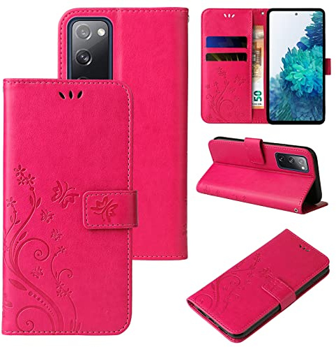 LBH Handy Hülle für Samsung Galaxy S20 FE Case Handytasche Schmetterling Blumen Flower Standfunktion Schutzhülle Magnet Rundum Schutz 360 Grad Flipcase Cover Pink
