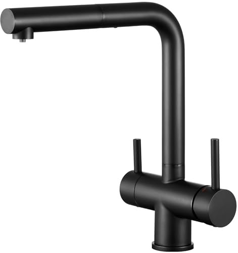 CREA 3 Wege Wasserhahn Küche mit Brause, 360° Drehbar Küchenarmatur, Drei Wege Mischbatterie, Trinkwasserhahn mit 2 Hebel, 3 in 1 Spültischarmatur, Matt Schwarz