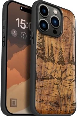 Carveit Holz Hülle für iPhone 15 Pro, Nussbaum-Berge und Hirsche | Cover kompatibel MagSafe [Holz und TPU Silikon Hybrid Hull] Magnetisch Case für iPhone 15 Pro Handyhülle