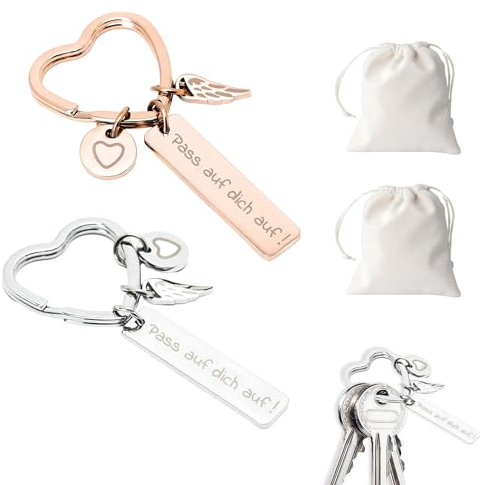 2 Stück Herz Schlüsselanhänger, Glücksbringer mit 2 Farben und Zugbeuteln, Edelstahl Schutzengel Schlüsselanhänger mit Gravur »Pass auf Dich auf!«, Geschenk für Frauen zum Geburtstag