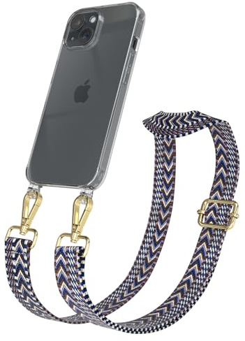 EAZY CASE Handykette - Verstellbares Taschenband kompatibel mit iPhone 15, Schulterriemen, Handykordel mit Silikon Hülle, Umhängetasche, Blau Weiß Gold