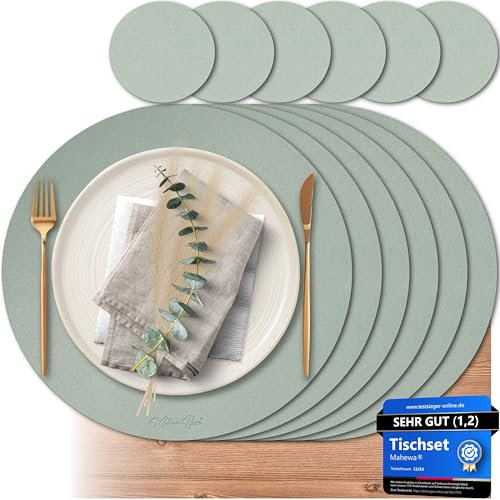 Mahewa® 6er Set Premium Tischset aus Kunstleder - Platzset abwaschbar und wasserdicht - Platzdeckchen Telleruntersetzer in Lederoptik (Salbeigrün, Rund)