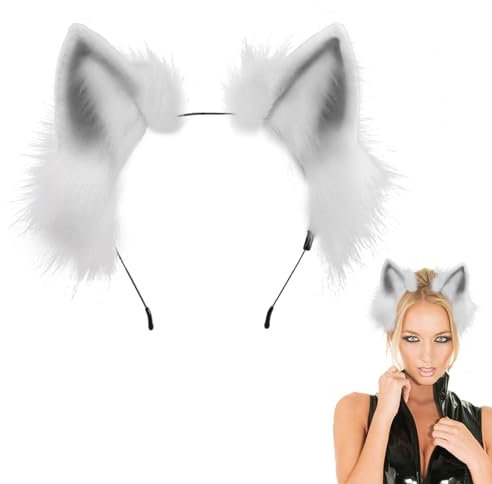 FUIPVGI Oreille de Chat Serre Tete Renard Bandeau Accessoires Cheveux, Serre-tête en Fausse Fourrure Fait à la Main avec Oreilles pour Carnaval Halloween Fête Femmes Hommes (Gris)