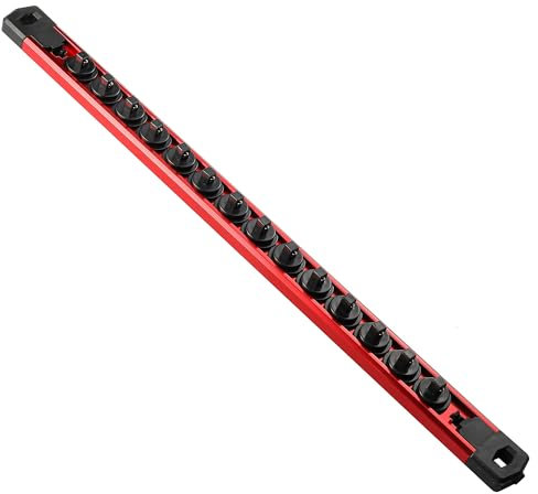 Reniteco Magnetic Socket Organizer, 1-Piece Heavty Duty Aluminum Socket Holder, Socket Rail for Tool Box, Premium Quality 360° Swivel Socket Rack with 14 Clips for 1/4-Inch(Red)