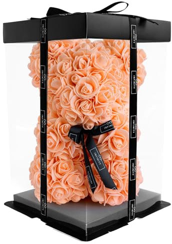 Infinity® Rosenbär Apricot 25 cm – Handgefertigter Bär mit Geschenkbox & über 300 duftenden 3D-Rosen – Geschenk für Frauen, Geburtstag oder Jahrestag