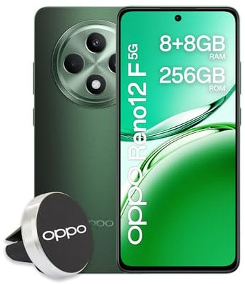 OPPO Reno12 F 5G AI Smartphone, Tripla fotocamera 50+8+2MP, Selfie 32MP, Display 6.67” 120HZ AMOLED FHD+, 5000mAh, RAM 16GB (8+8) +ROM 256GB, Supporto Auto [Versione Italia], Black Green