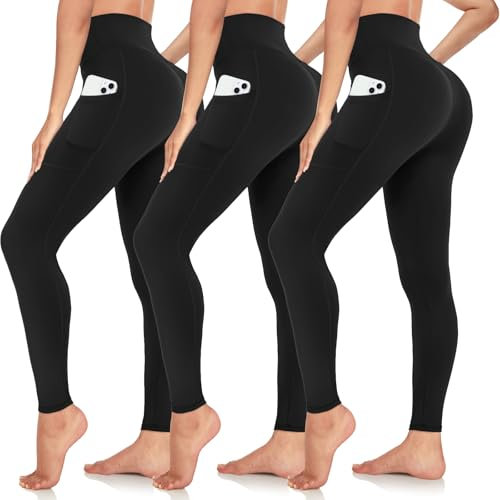 ACTINPUT Leggings Damen High Waist Leggins Blickdicht Sportleggings Lang Elastische Laufhose Yogahose mit Taschen Für Sport Gym Yoga(Schwarz,S-M)