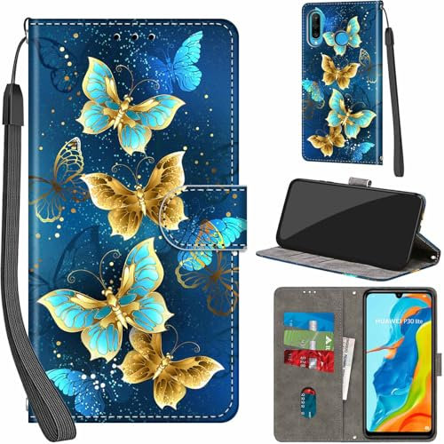 Custodia a portafoglio in pelle PU per Huawei P30 Lite, con funzione di supporto, magnetica, compatibile con Huawei P30 Lite (quattro farfalle)