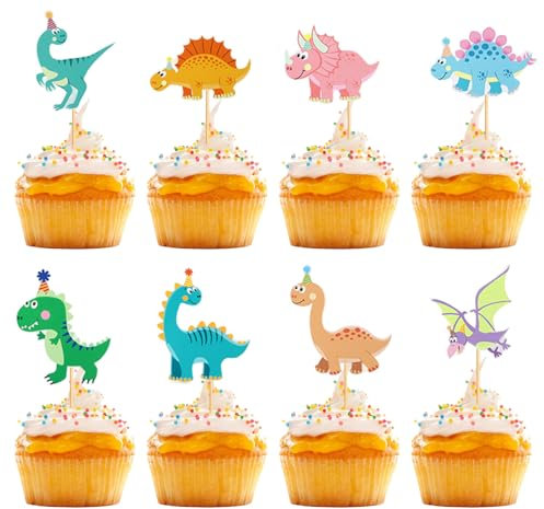 32 Stück Dinosaurier Cupcake Topper, Dino Thema Geburtstagstorte Dekoration, Personalisierter Geburtstags Cupcake Topper, Cupcake Toppers Picks für Kinder, Tiere Cake Topper für Party