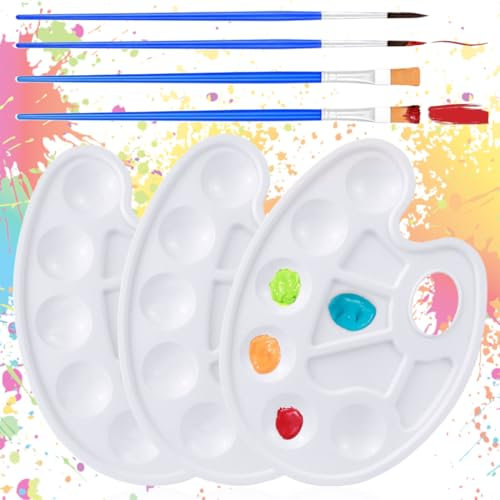 KOLZEMV Set de 3 Paletas de Mezclas de Pintura de Colores de Pintura de Acuarela, paleta pintura, paleta acuarela, Paleta de Arte, Paleta de Pintura Bandeja de Pintura Redondas, Con 4 pinceles