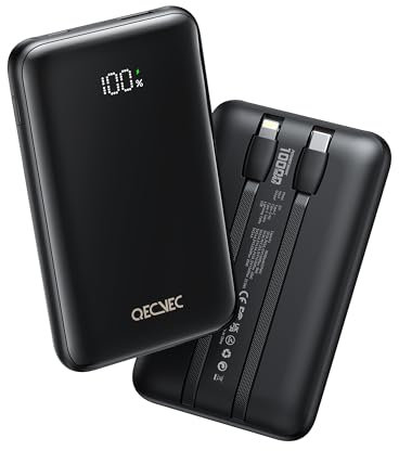 QECVEC Cargador portátil de 10000 mAh, banco de energía portátil para teléfono celular con carga rápida PD de 22.5 W, cargador de teléfono compacto integrado, compatible con Apple, Samsung, Google