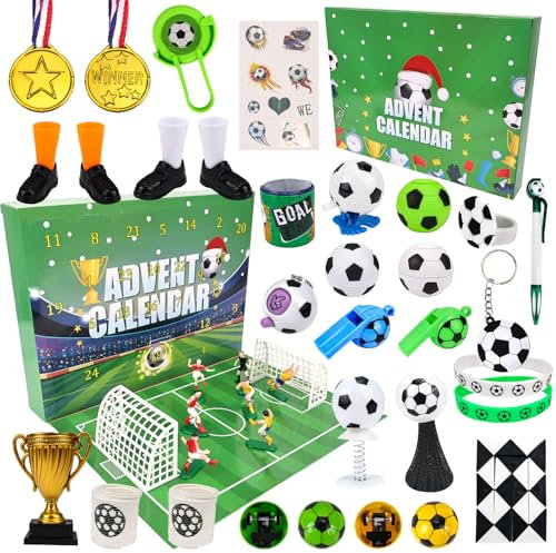 Fußball Adventskalender 2024 für Jungen und Mädchen, mit Fußballmedaillen-Pfeife, 24 Weihnachts-Countdown-Adventskalender, Weihnachtsstrumpf-Geschenke für Fußballfans