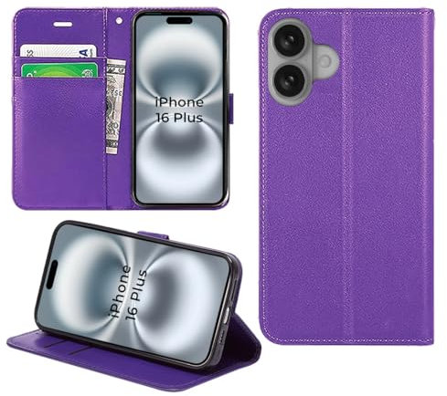 DN-Technology for iPhone 16 Plus Case Flip Premium Leather Wallet Book Magnetic Closure Kickstand Folio Card Holder Slots Protective Phone Cover (PURPLE) - (iPhone 16 Plus 6.7 inch)