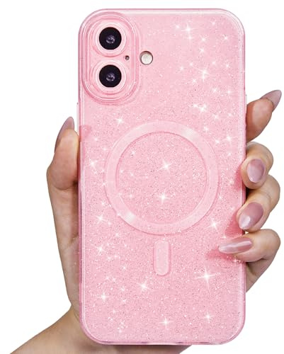 Svanove Glitter Case for iPhone 16 Phone Case Magnetic Compatible with Magsafe, Sparkle Bling Shiny Cute Girly Design, Aesthetic Slim Soft TPU Mag Cover for Women Girl, Light Pink