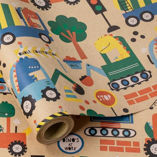 RUSPEPA Kraftpapier Roll-Mini-Rolle mit buntem Dinosaurier- und LKW-Muster Großartig für Geburtstag, Party und jede Gelegenheit mit 43.2cm x 5m