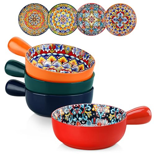 vancasso SIMI Soup Bowls with Handles, 23 Oz French Onion Soup Bowls Oven Safe, Bohemian Ceramic Soup Crocks for Cereal, Pasta, Beef Stew, Chilli, Microwave Dishwasher Safe-6.2 inch, Set of 4