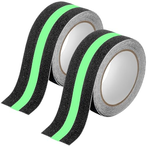 QWORK® 50 mm x 5 m Nastro antiscivolo nero luminescente, 2 rotoli, nastro di avvertenza autoadesivo per casa, scale o centro commerciale