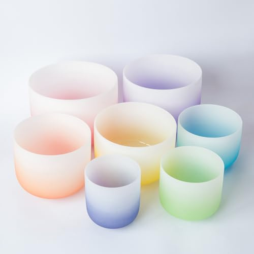 6-12 Inch Singing Bowls Chakra, Gradient Design Frosted Quartz Crystal Singing Bowls, with Carry Case Bag and Mallets, for Sound Healing and Therapy Meditation, Set Of 7 Pcs