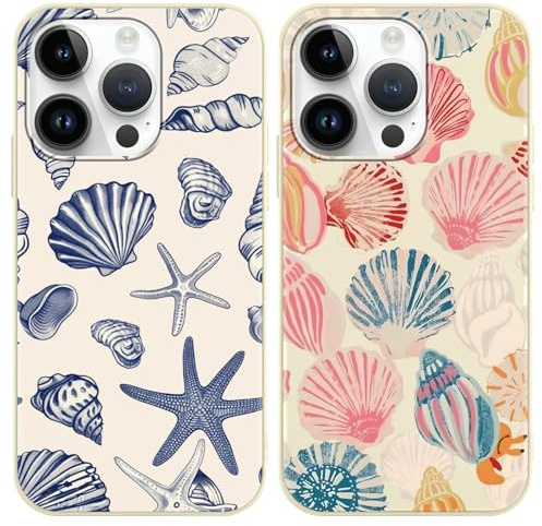 Phoona 2 Pack Cute Case for iPhone 16 Pro 6.3, Beach Blue Pink Ocean Seashell Aesthetic Preppy Summer Girly Design Pattern for Girls Women, Slim Soft Silicone Shockproof Bumper Protector Cover
