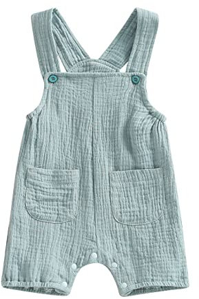 YILEEGOO Tutina da neonato in cotone e lino, con tasca frontale, tuta intera, abbigliamento primaverile estivo, Blu, 18-24 Months