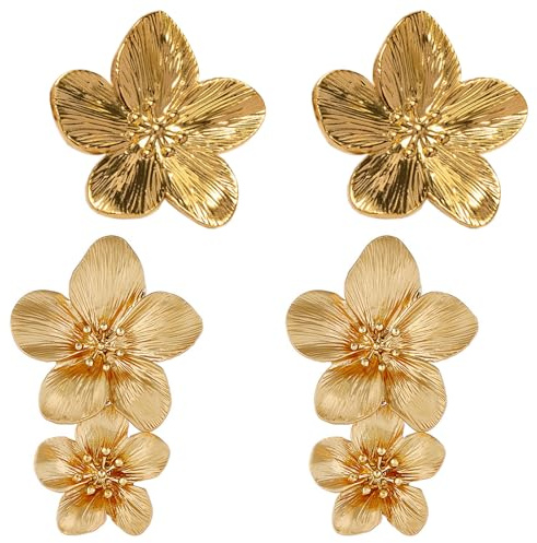 PacuM 2 Stück Ohrringe Blumen Ohrringe Gold Bohème-Stil Statement Gold Flower Earrings 2 Stile Blumenohrringe Antioxidativ Hypoallergen für Urlaub Party Abend Zeremonie Festival