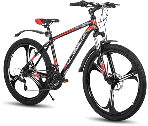 Hiland 26 Zoll Mountainbike für Erwachsene, Aluminiumrahmen, 21-Gang, Doppelscheibenbremse, 3 Speichenrad, Herren Damen MTB Fahrrad, Schwarz