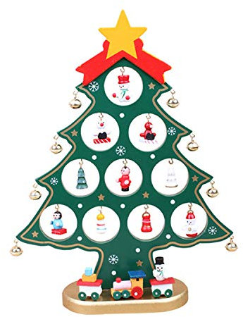 Albero di Natale da 27 cm con decorazioni da appendere, in legno, per interni ed esterni, giardino, patio, cortile, decorazione per feste