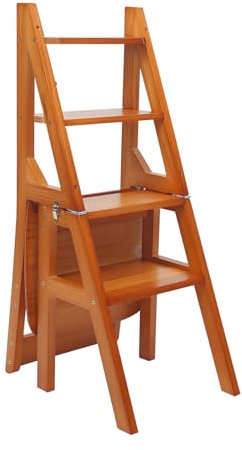 QIERF 4-Stufen Klappbarer Tritthocker 2-in-1 Holz Trittleiter und Stuhl Klappbar Holztrittleiter 100kg Tragfähigkeit Sicherheitsverriegelung für Küche, Wohnzimmer (Honigfarben, 35 * 46 * 90cm)