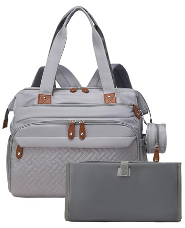 Baby Changing Bag Large Waterproof Nappy Bags for Pram with Portable Nappy Changing Mat Bottles Pacifier Bag An Adjustable Strap for Mom and Dad Walk Travel Shopping（Grey）