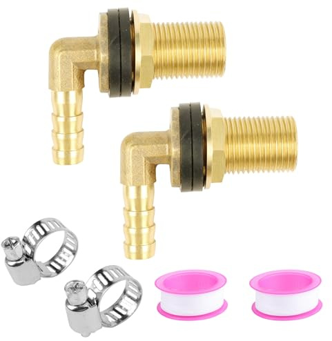 2 Stück Regentonnendurchführung Aus Messing, Tankverschraubung Tankdurchführung 1/2 Zoll Messing Regentonnenanschluss set mit Schlauchtülle, Schlauchschellen, Teflonband