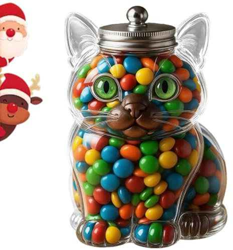 Cats Dogs Candy Jar, Dog Treat Tin Storage Container, Large Animal Cat Shaped Airtight Glass Treats Cookie Jar with Lid, Clear Pet Food Storage Container Dispenser for Biscuits, Cookie