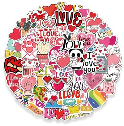 fKiZanthene Aufkleber für Scrapbooking, Love, 50 Stück, selbstklebend, Herz, Valentinstag, wasserdicht, für Album, Laptop, Telefon, Flasche und Dekoration, romantisches Buch